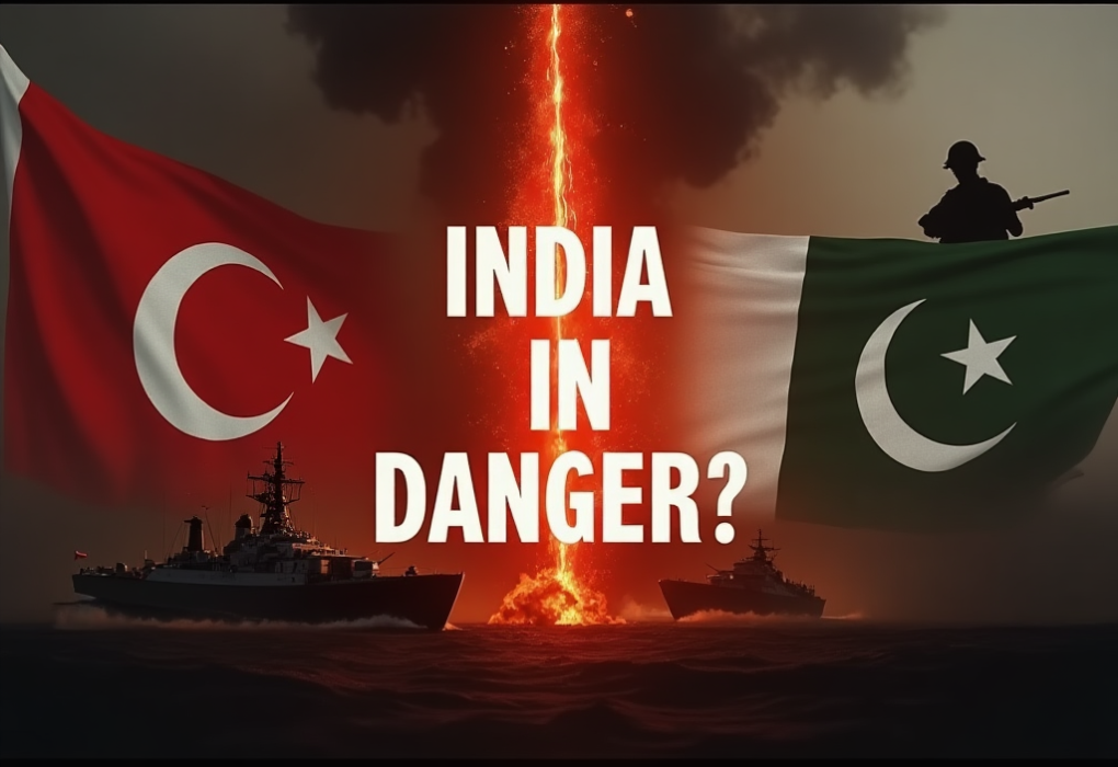 India Pakistan conflict 2025, India Pakistan latest tension, India Pakistan war threat, India Pakistan latest tension, India Pakistan tensions Turkey-Pakistan military alliance with text 'INDIA DANGER?' over a warship and explosive backdrop.