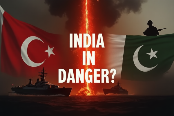 India Pakistan conflict 2025, India Pakistan latest tension, India Pakistan war threat, India Pakistan latest tension, India Pakistan tensions Turkey-Pakistan military alliance with text 'INDIA DANGER?' over a warship and explosive backdrop.