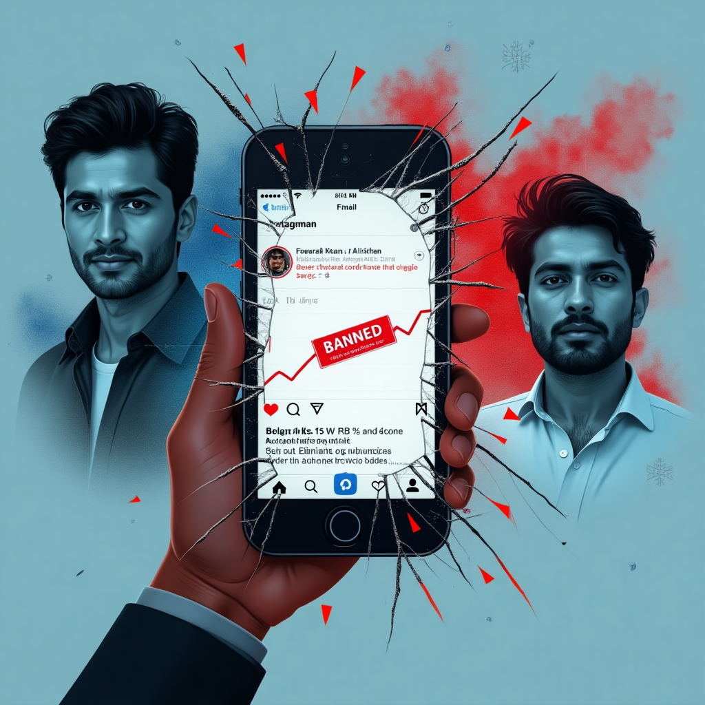 india pakistan tensions,
Pakistani Celebrities Ban in India,
Pakistani actors Mahira Khan, Fawad Khan, Ali Zafar Instagram accounts banned in India showing -90% engagement drop. Split image contrasts their fading social media presence (left) with Indian smartphones displaying 'Account Unavailable' errors (right), divided by a cracked screen shaped like the India-Pakistan border
Pakistani Celebrities Ban in India After Terror Attack