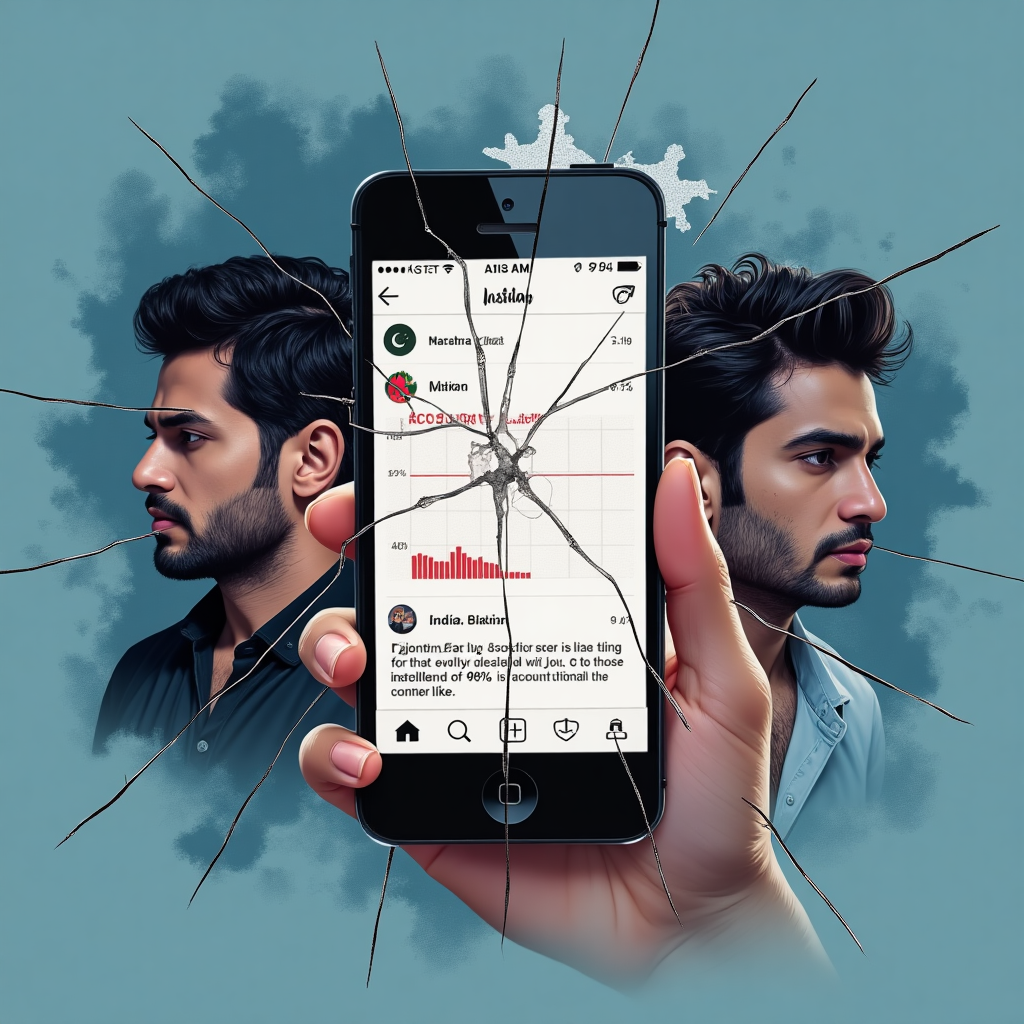 Pakistani Celebrities Ban in India,
Pakistani actors Mahira Khan, Fawad Khan, Ali Zafar Instagram accounts banned in India showing -90% engagement drop. Split image contrasts their fading social media presence (left) with Indian smartphones displaying 'Account Unavailable' errors (right), divided by a cracked screen shaped like the India-Pakistan border