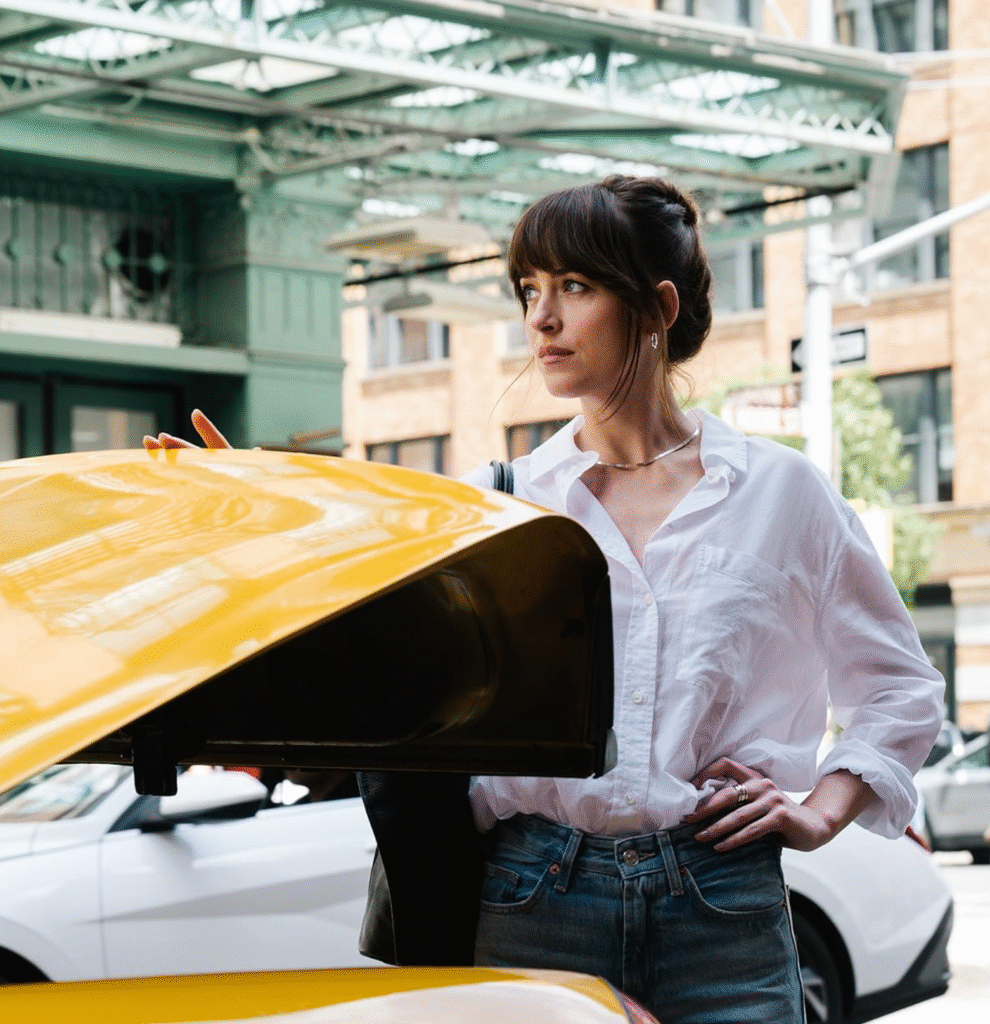 Dakota Johnson as elite matchmaker in Materialists, romantic drama film still